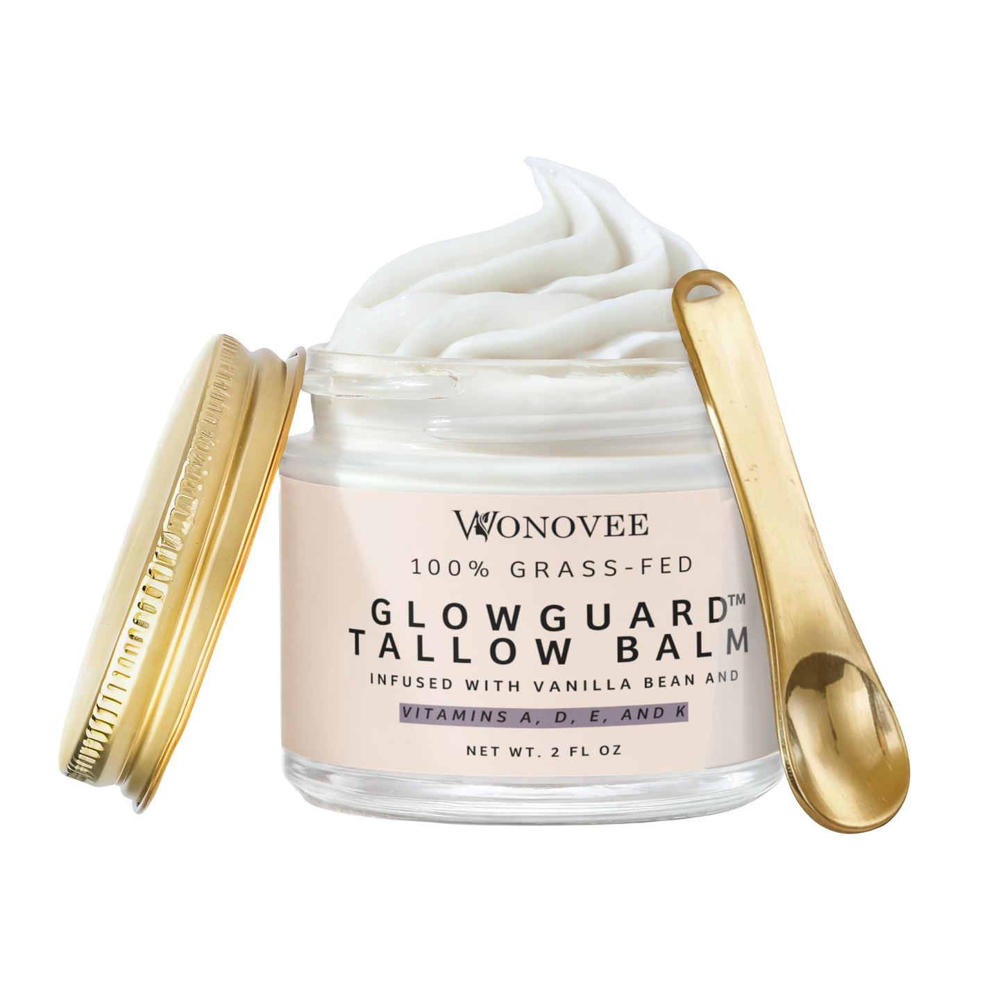 GlowGuard Whipped Tallow Balm jar next to woman’s glowing skin